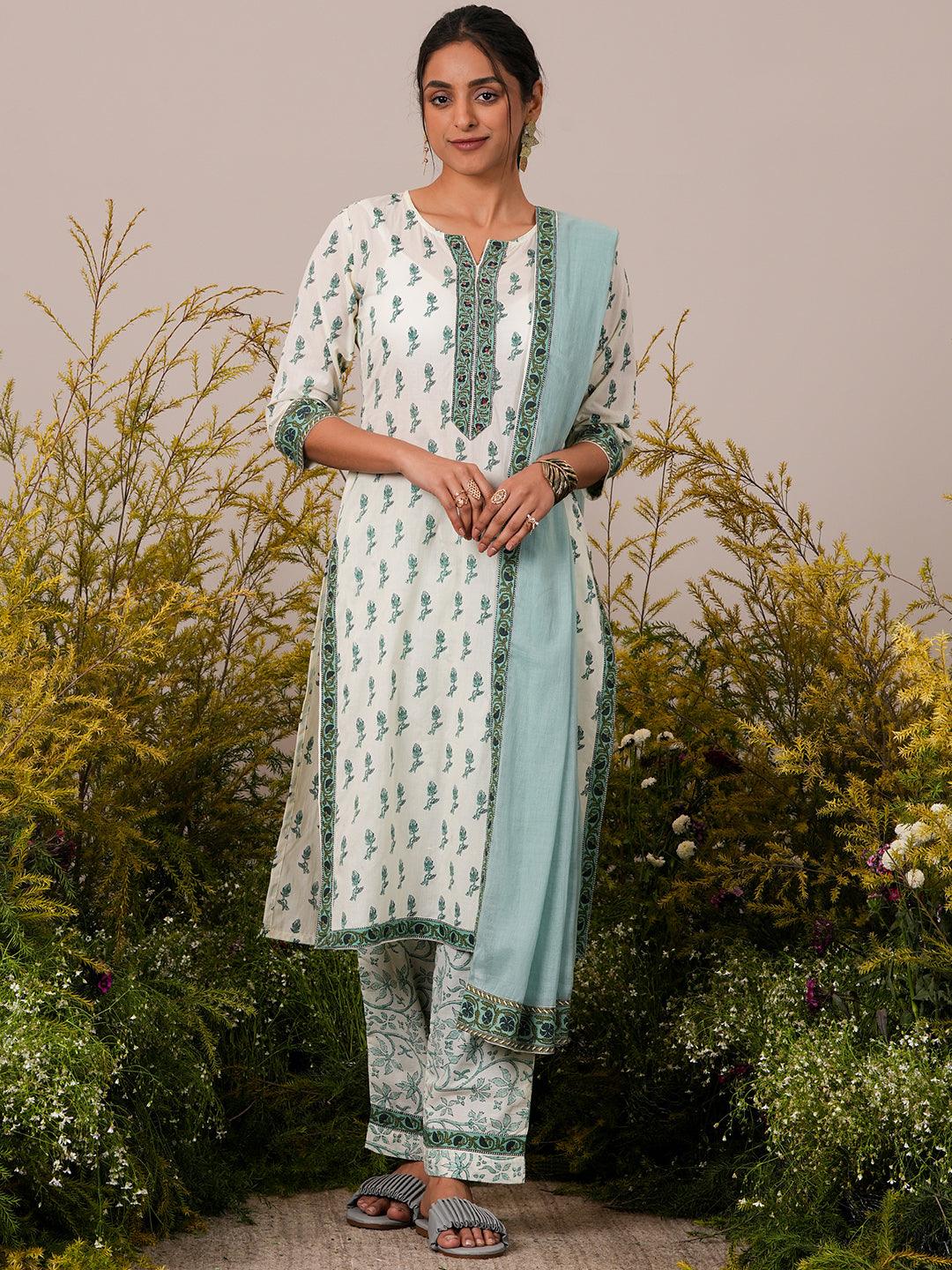 Off White Printed Cotton Straight Suit With Dupatta - Jashvi