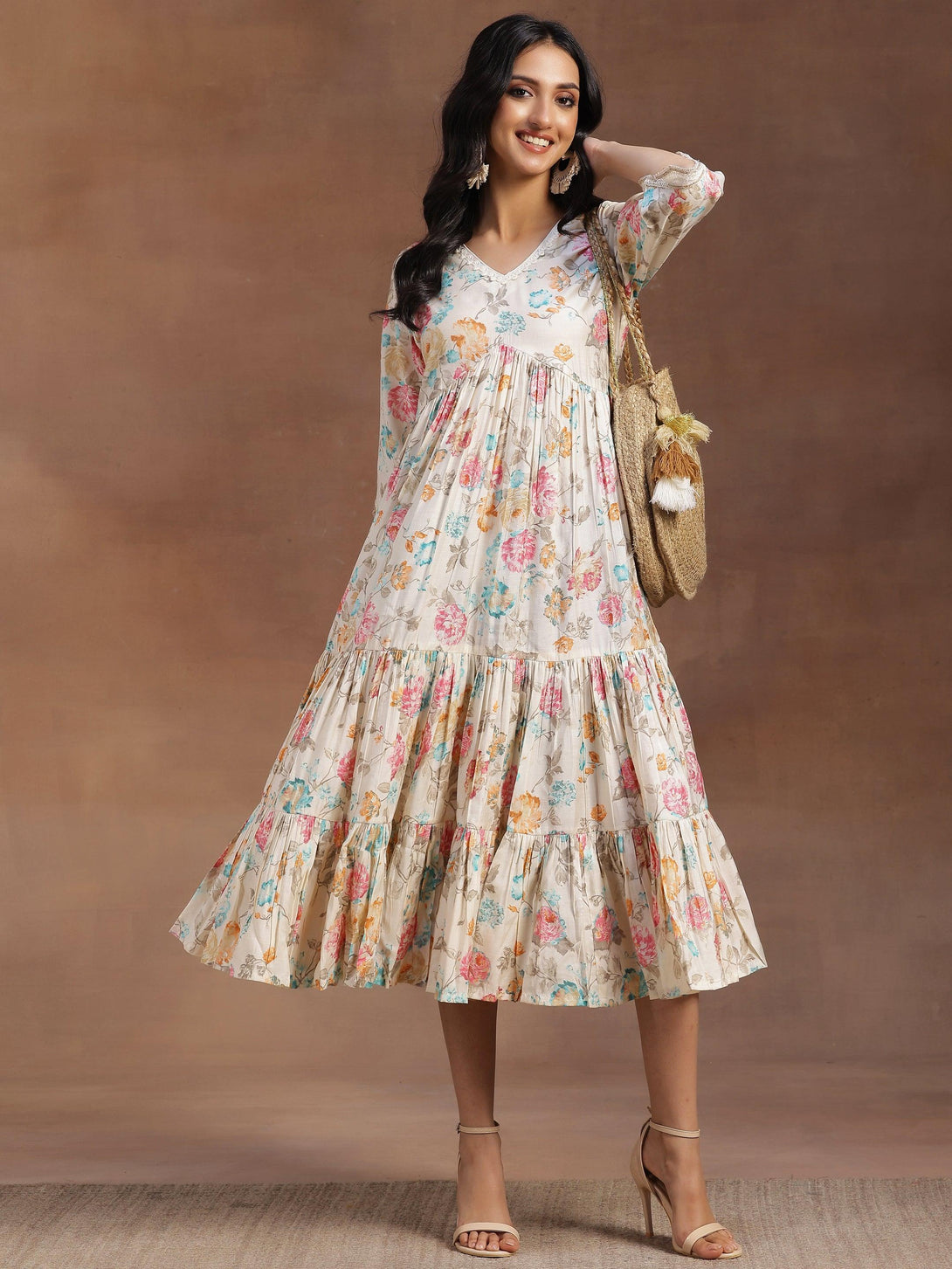 Beige Printed Silk Fit and Flare Dress - Jashvi