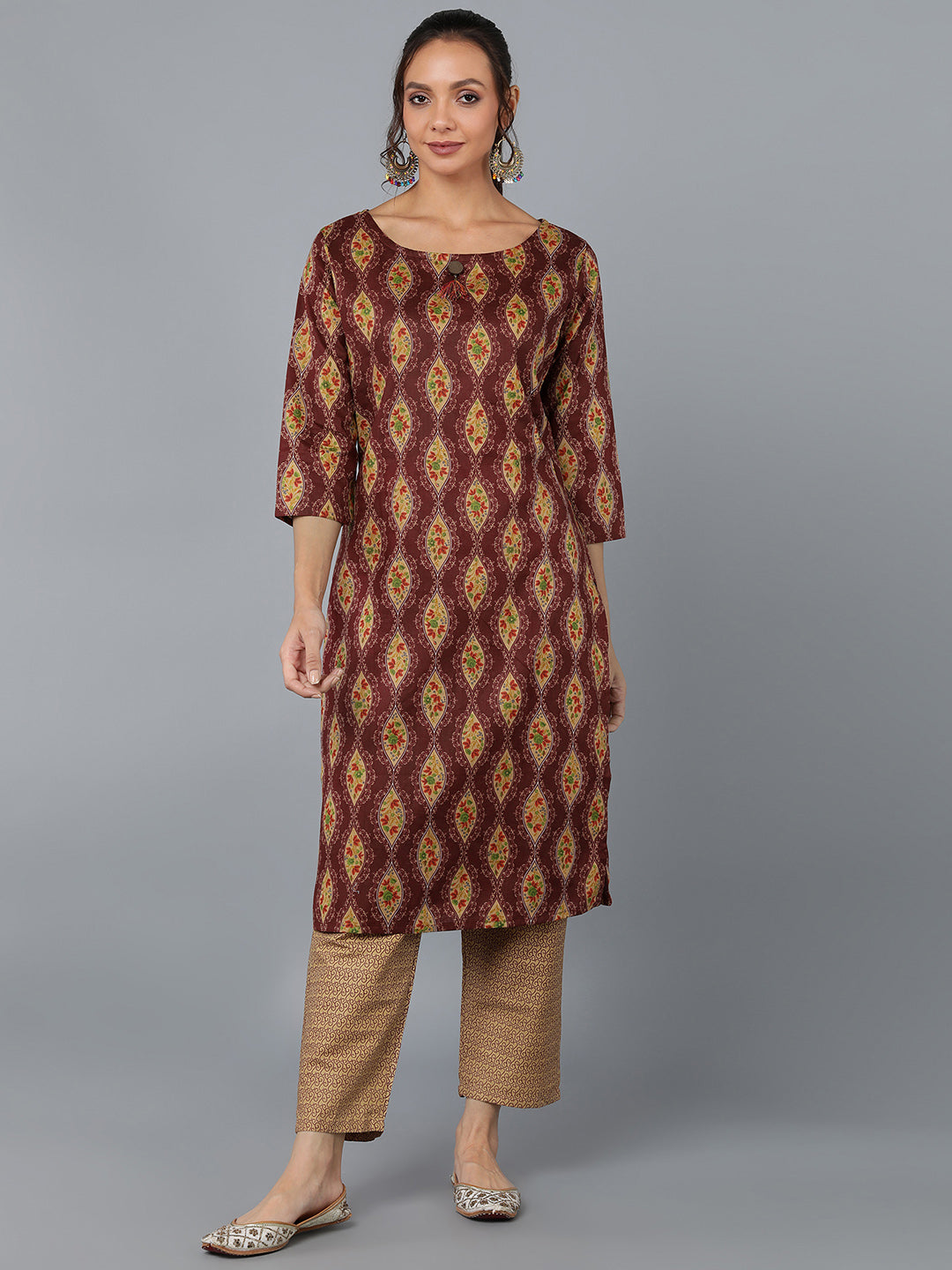 Women's Cotton Blend Printed Straight Kurta Set (Maroon) - Kipek