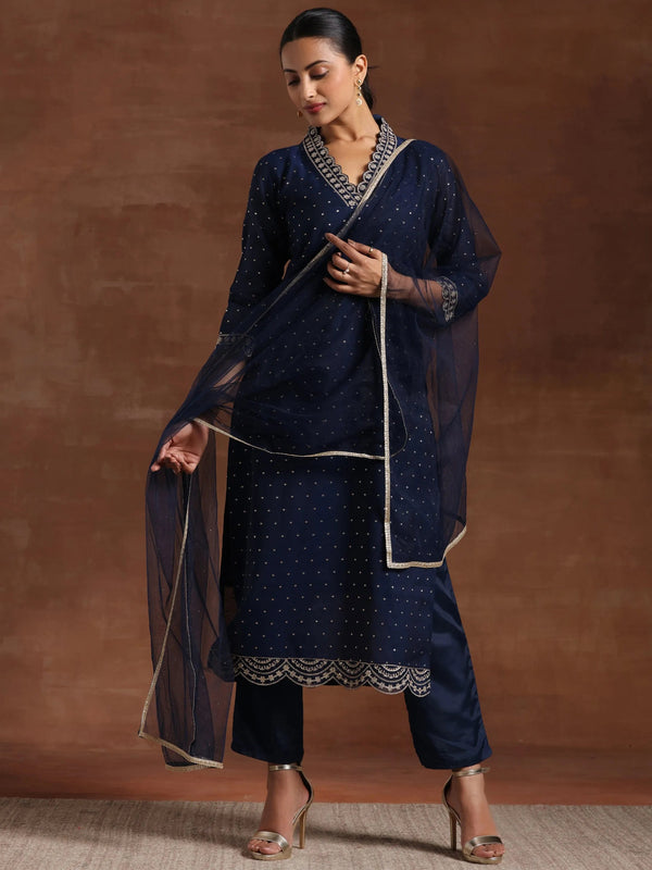 Blue Self Design Silk Blend Straight Suit With Dupatta