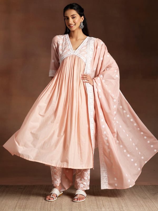 Peach Embroidered Cotton A-Line Kurta With Palazzos & Dupatta - Jashvi