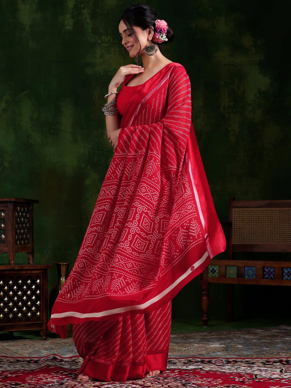 Red Printed Satin Saree With Unstitched Blouse Piece