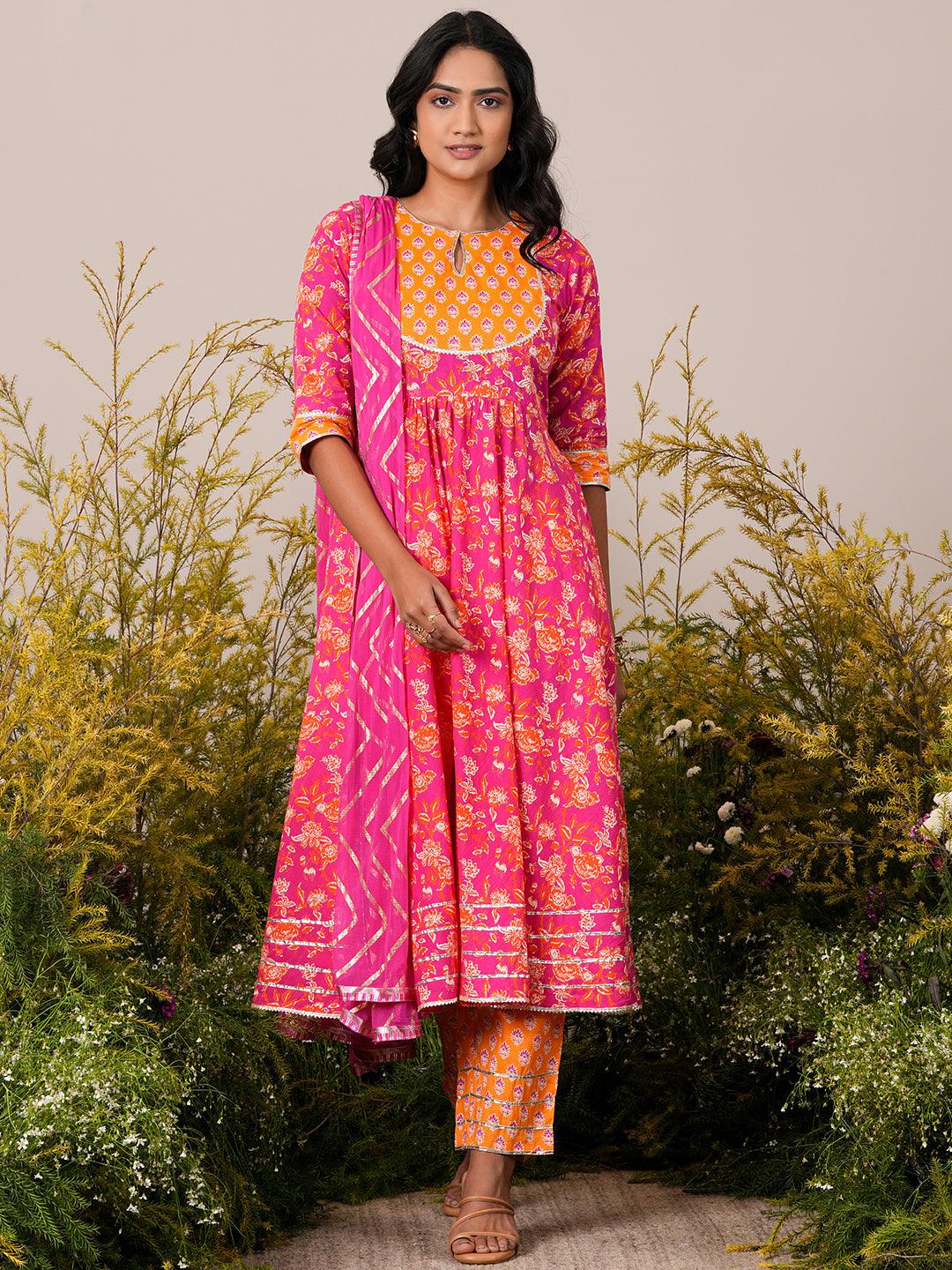 Pink Yoke Design Cotton Anarkali Suit With Dupatta - Jashvi