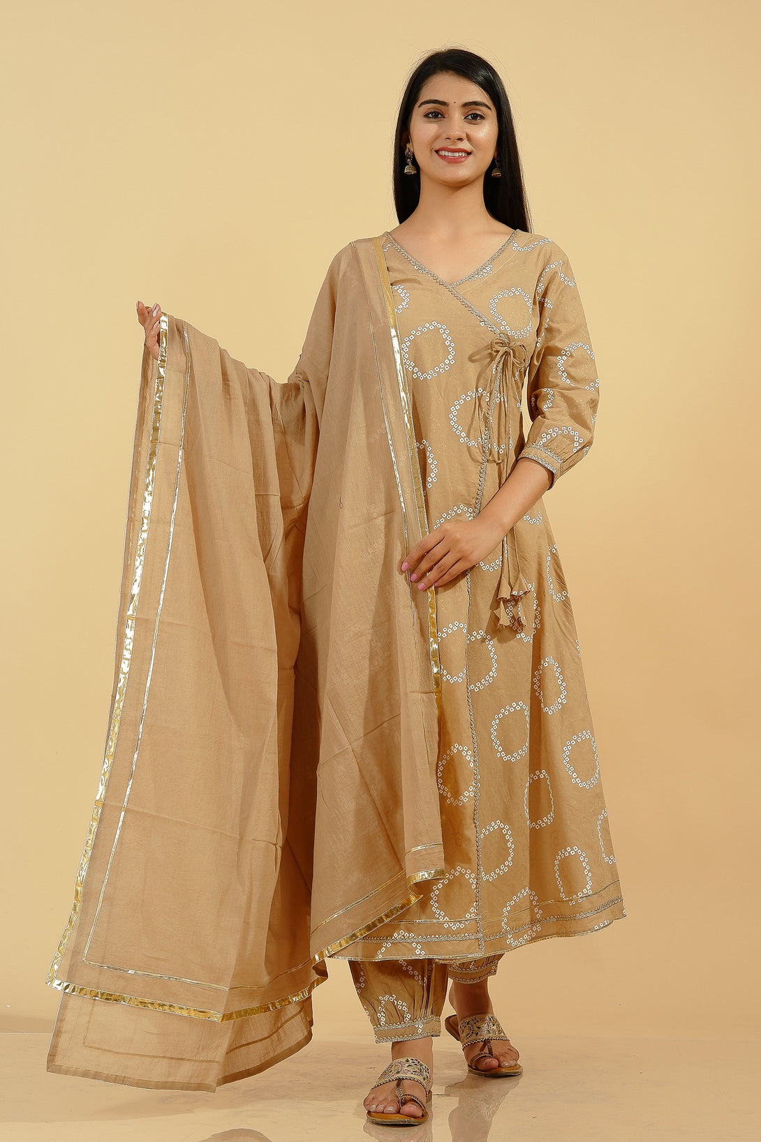 Women's Cotton Bandhani Flared Angrakha Kurta Set (Beige) - Kipek