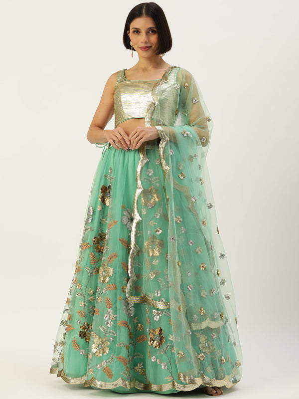 Women's Sea Green Net Sequince Embroidered Lehenga & Blouse With Dupatta - Royal Dwells