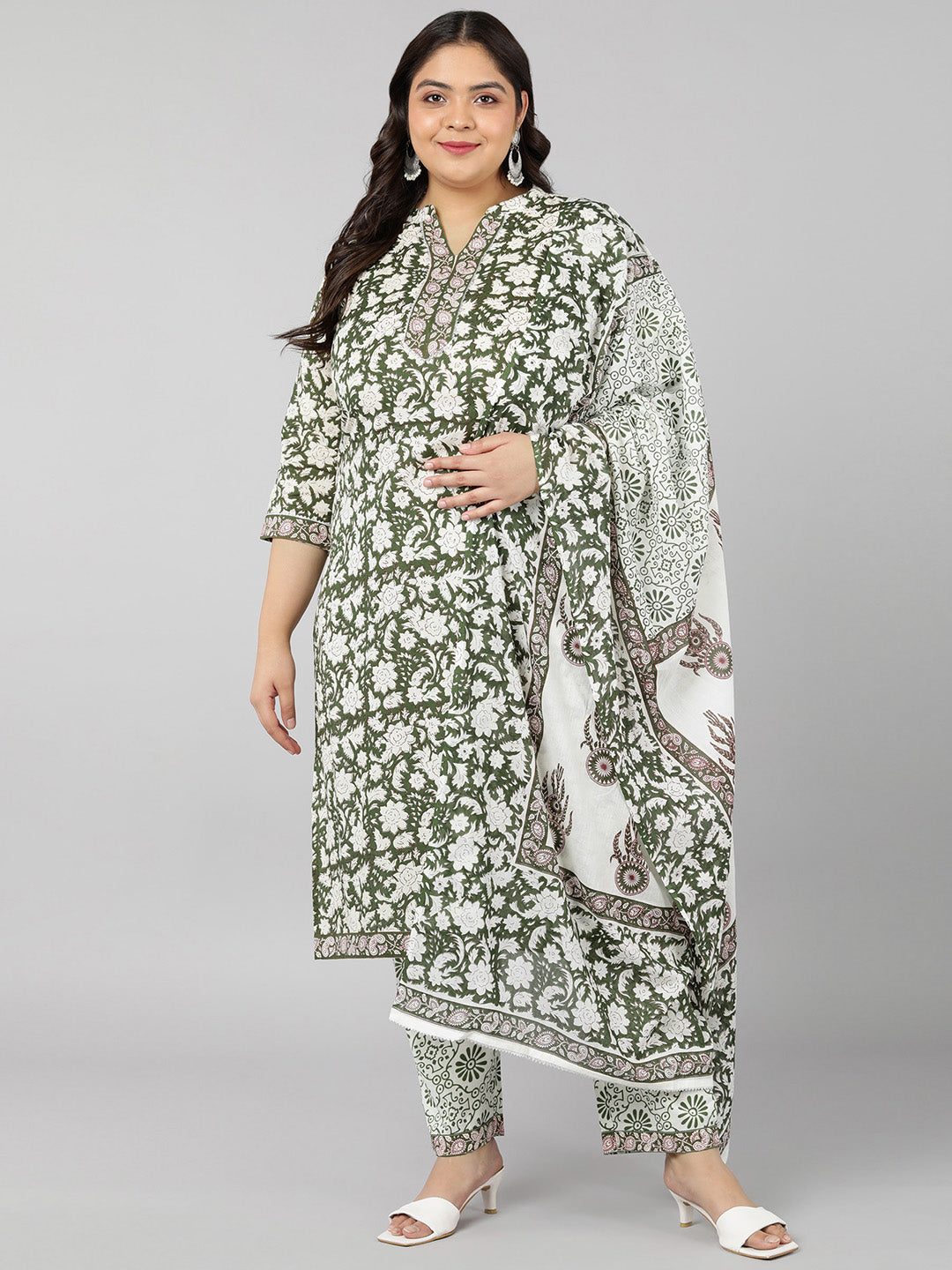 Women's Cotton Printed Straight Kurta Set (Green) - Kipek