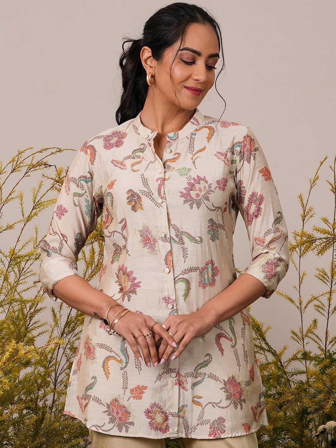 Beige Printed Silk Blend A-Line Kurti - Jashvi