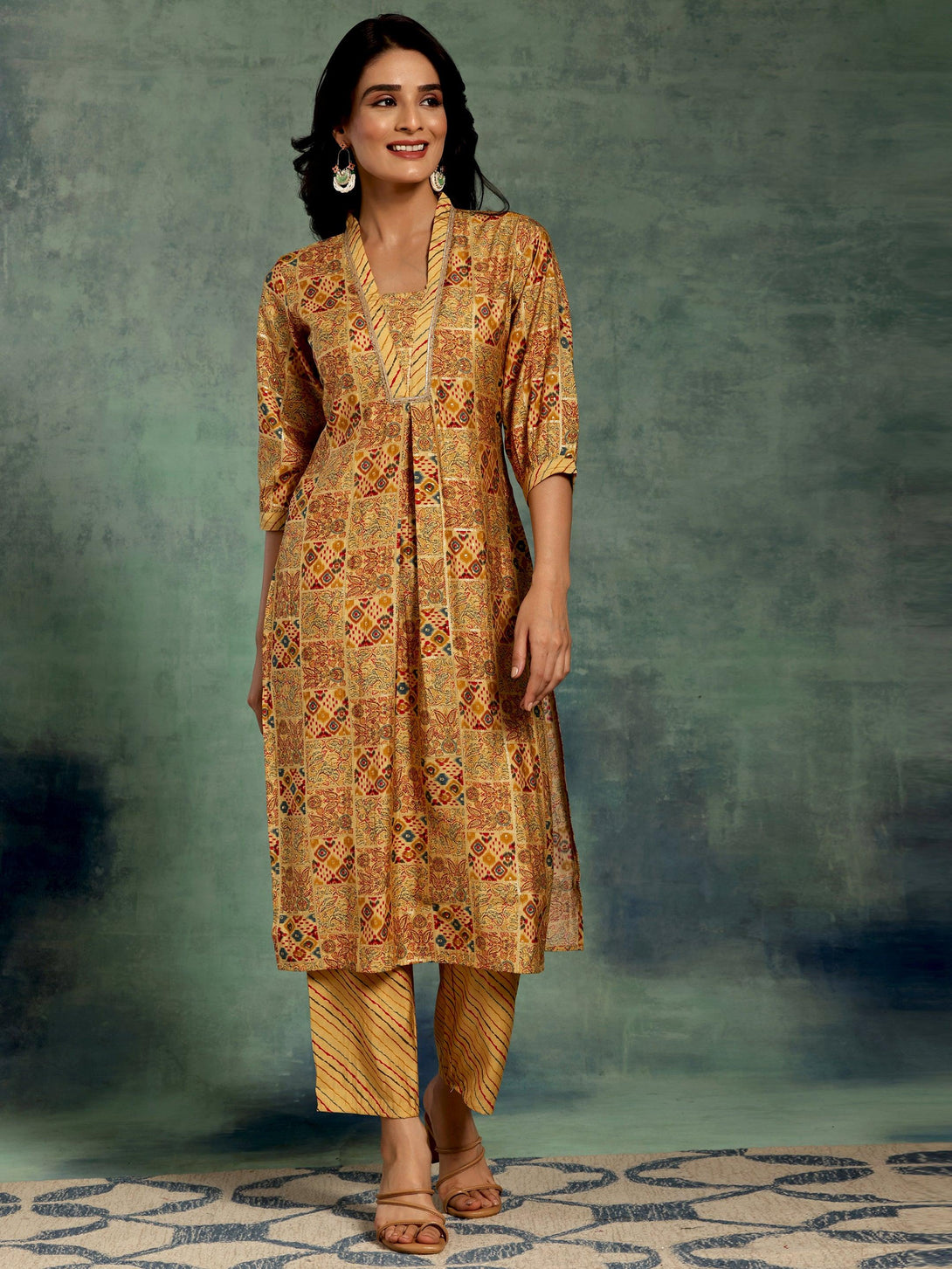 Yellow Printed Silk Blend Straight Kurta Set - Jashvi