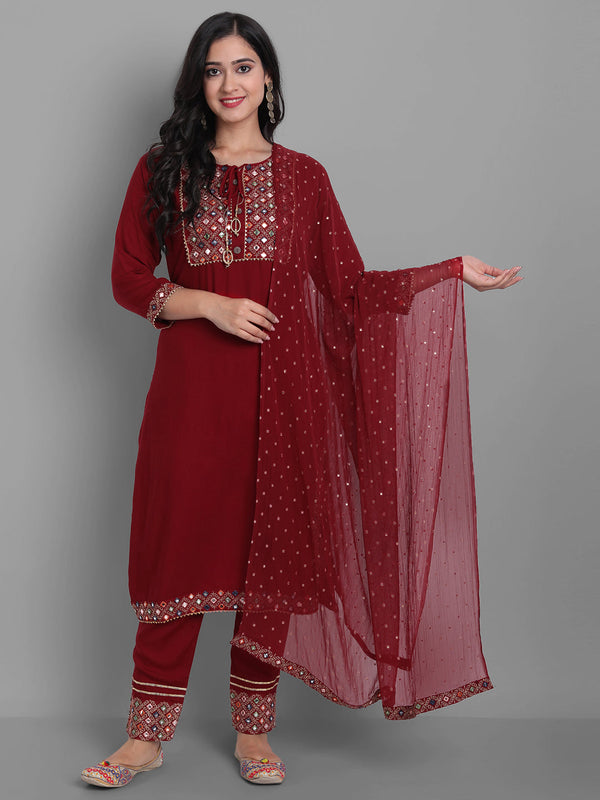 Women's Embroidred Kurta Pant And Dupatta Set (Red) - Noz2Toz