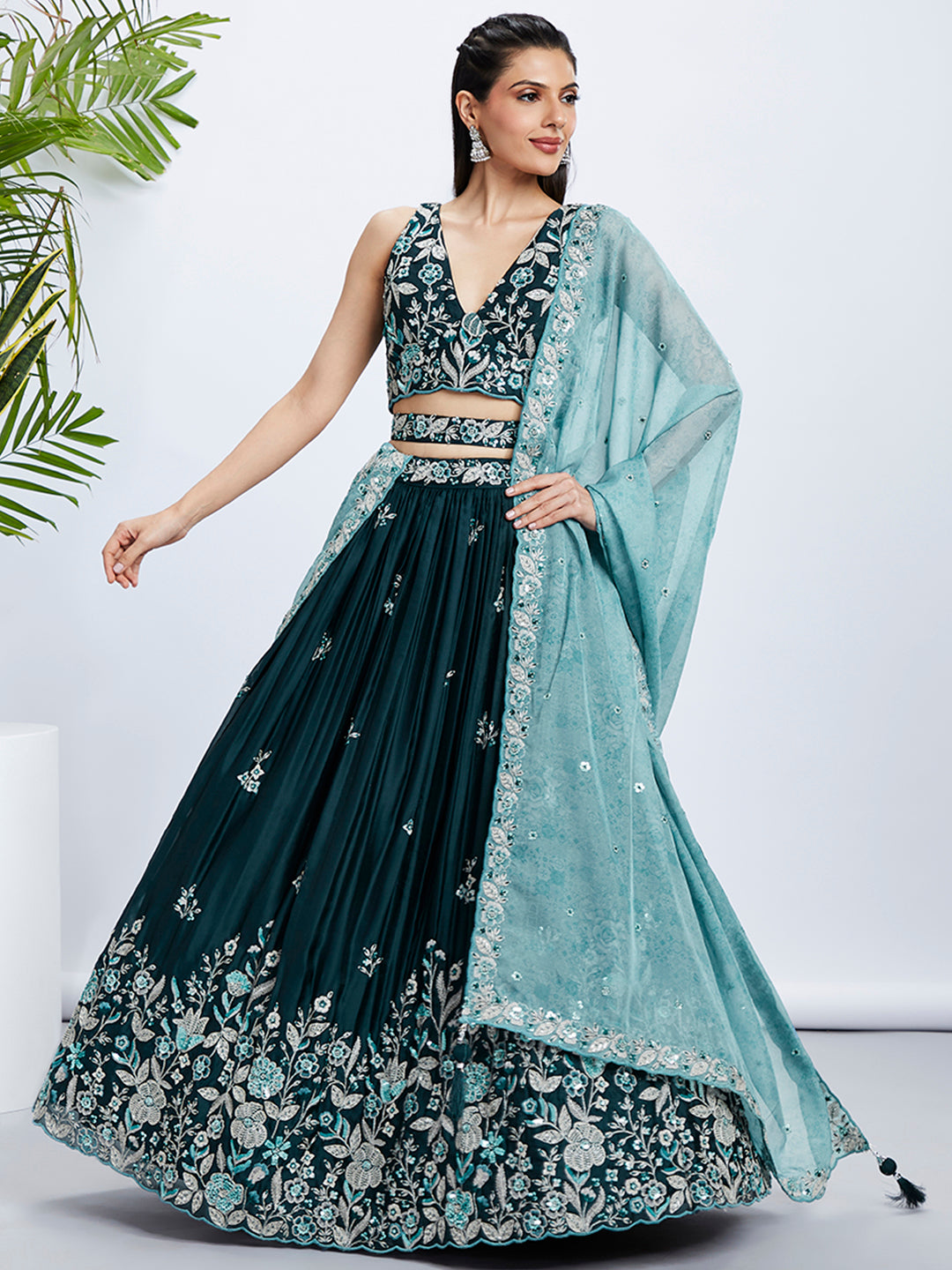 Women's Green Net Cutdana, Sequins And Zarkan Embroidery  Lehenga Choli & Dupatta - Royal Dwells