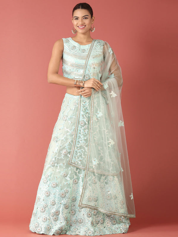 Women's Turquoise Blue Net Sequinse Work Fully-Stitched Lehenga & Stitched Blouse, Dupatta - Royal Dwells