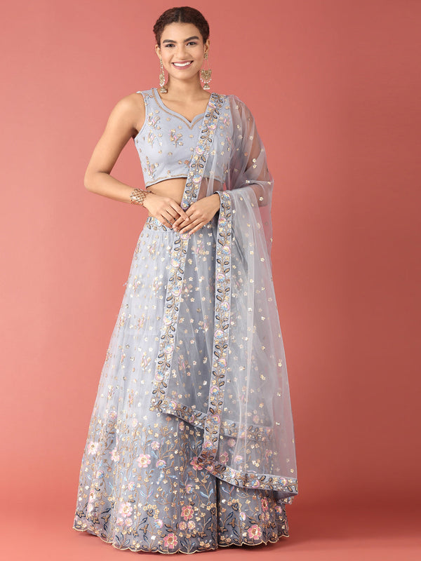 Women's Grey Net Sequinse Work Fully-Stitched Lehenga & Stitched Blouse, Dupatta - Royal Dwells