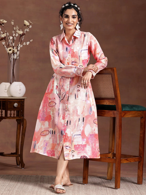 Peach Printed Linen A-Line Dress