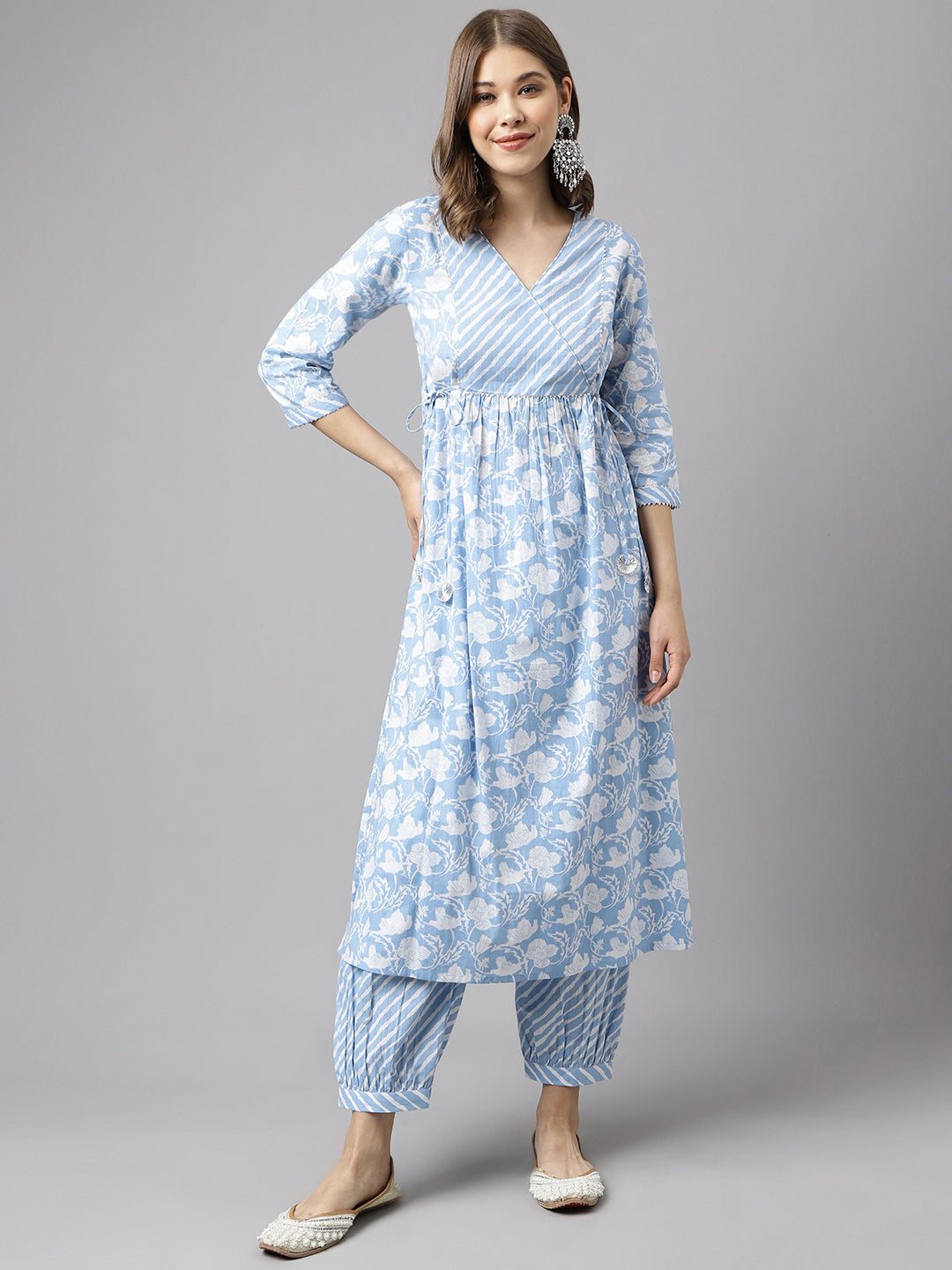 Women's Blue Cotton A-Line Kurta Set - Fiorra