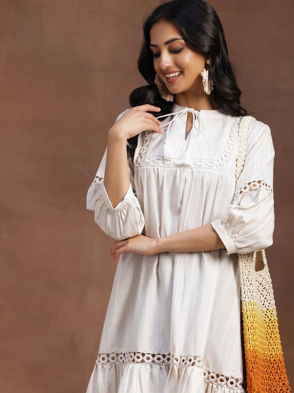 Off White Self Design Cotton A-Line Dress - Jashvi