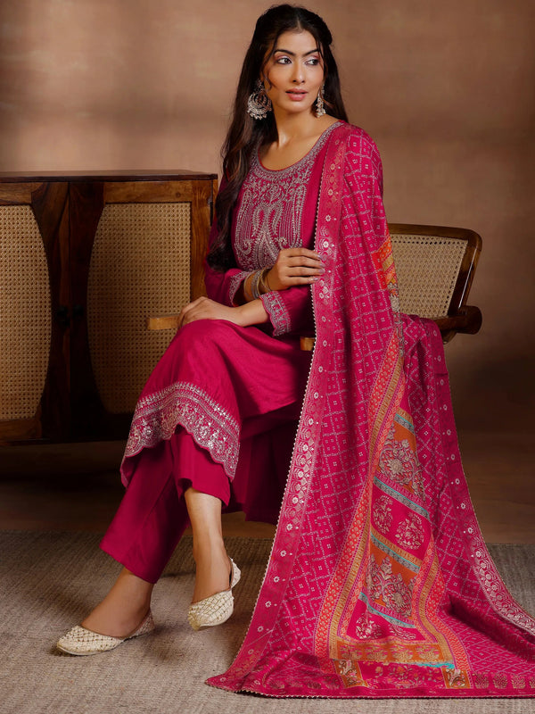 Red Embroidered Silk Blend Straight Suits With Dupatta