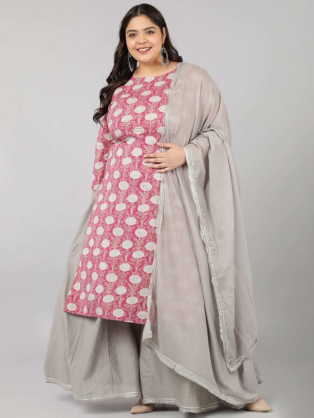 Women's Cotton Printed Regular Kurta Set (Grey & Pink) - Kipek