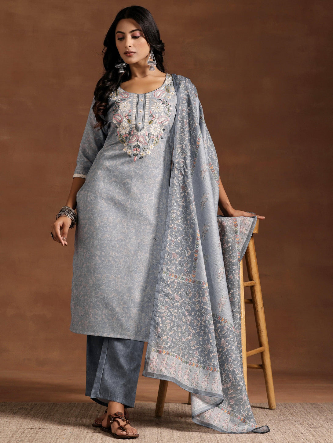 Grey Yoke Design Cotton Straight Suit With Dupatta - Jashvi