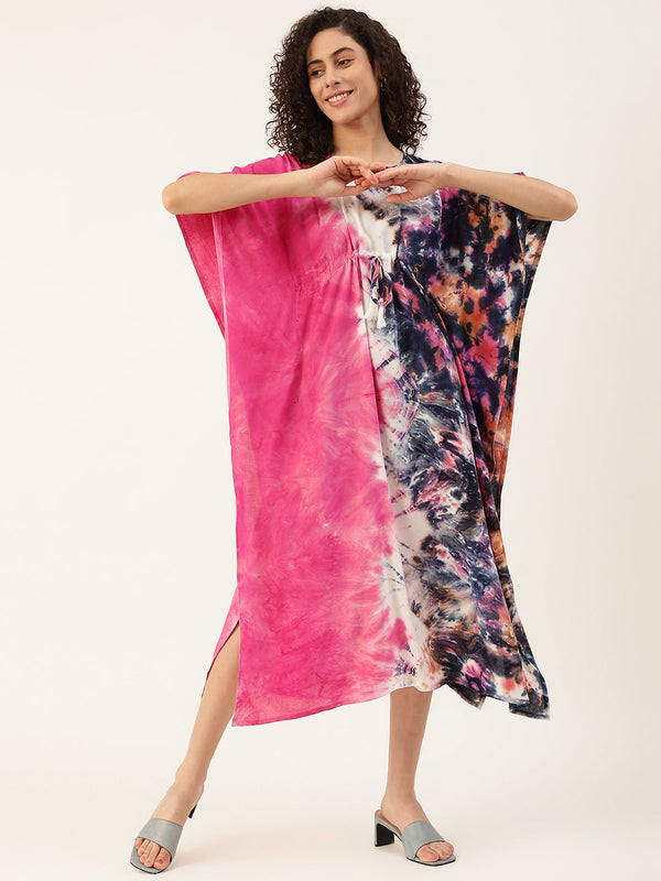 Women's Pink-Blue Tie-dye Rayon Kaftan Dress - Maaesa