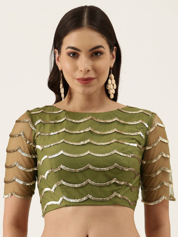 Women's Olive Sequince Work Net Blouse - Royal Dwells