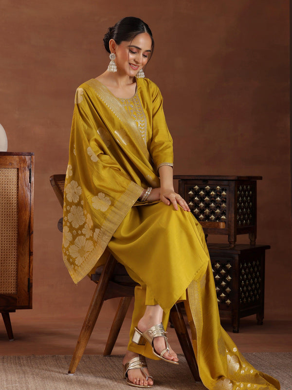 Mustard Yoke Design Silk Blend Straight Suit With Dupatta