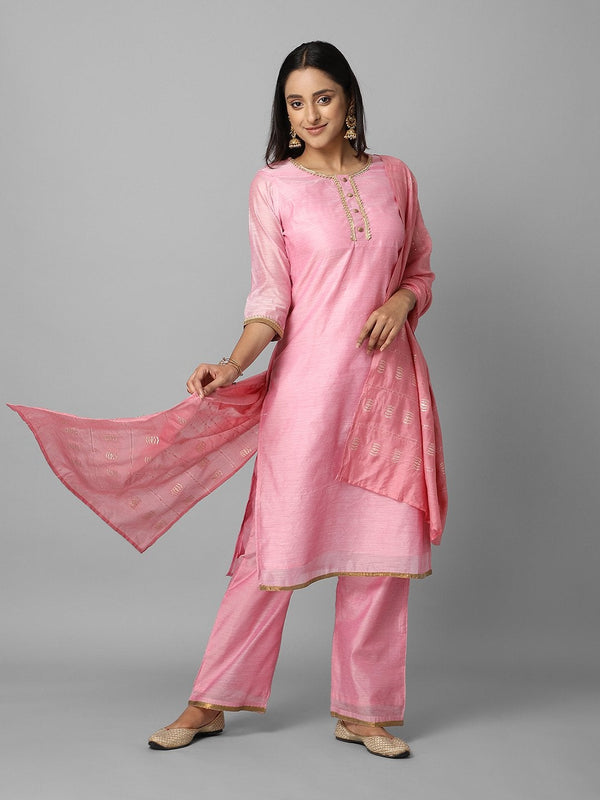 Women's Solid Pink Side Slit Straight Kurta Palazzo And Dupatta Set - Azira