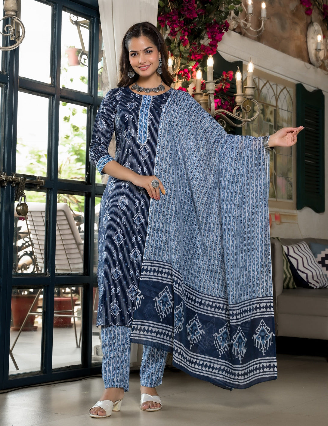 Women's Blue Embroidery Viscose Rayon Kurta, Pant And Dupatta Set - Alvami