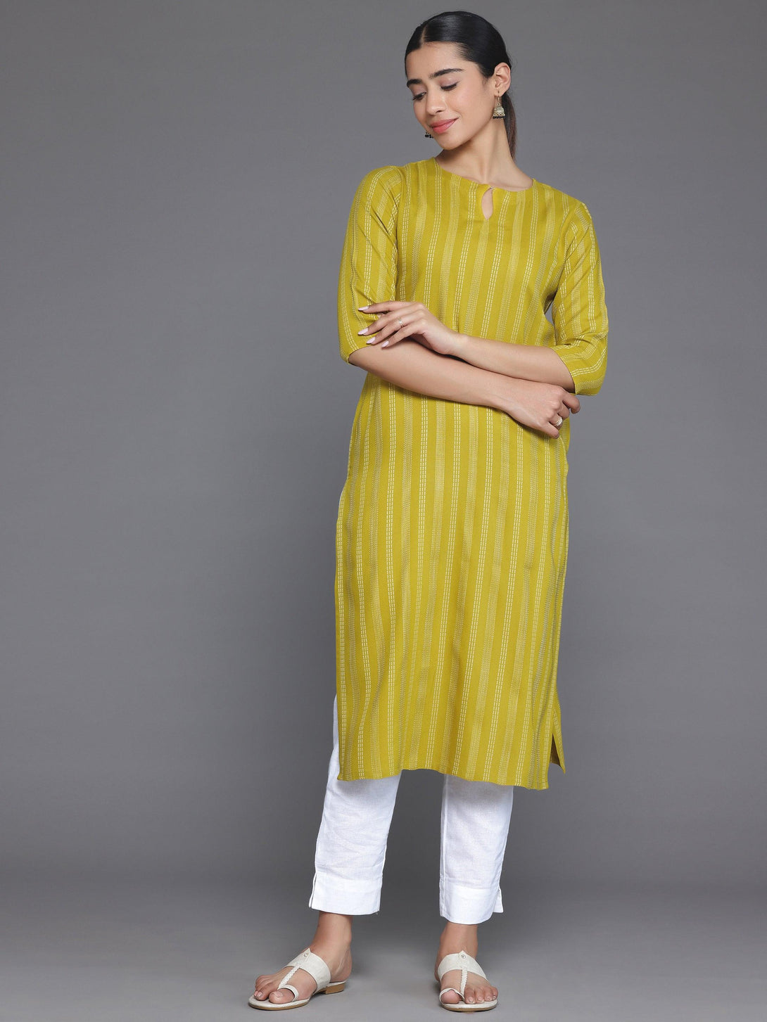 Mustard Striped Rayon Straight Kurta - Jashvi