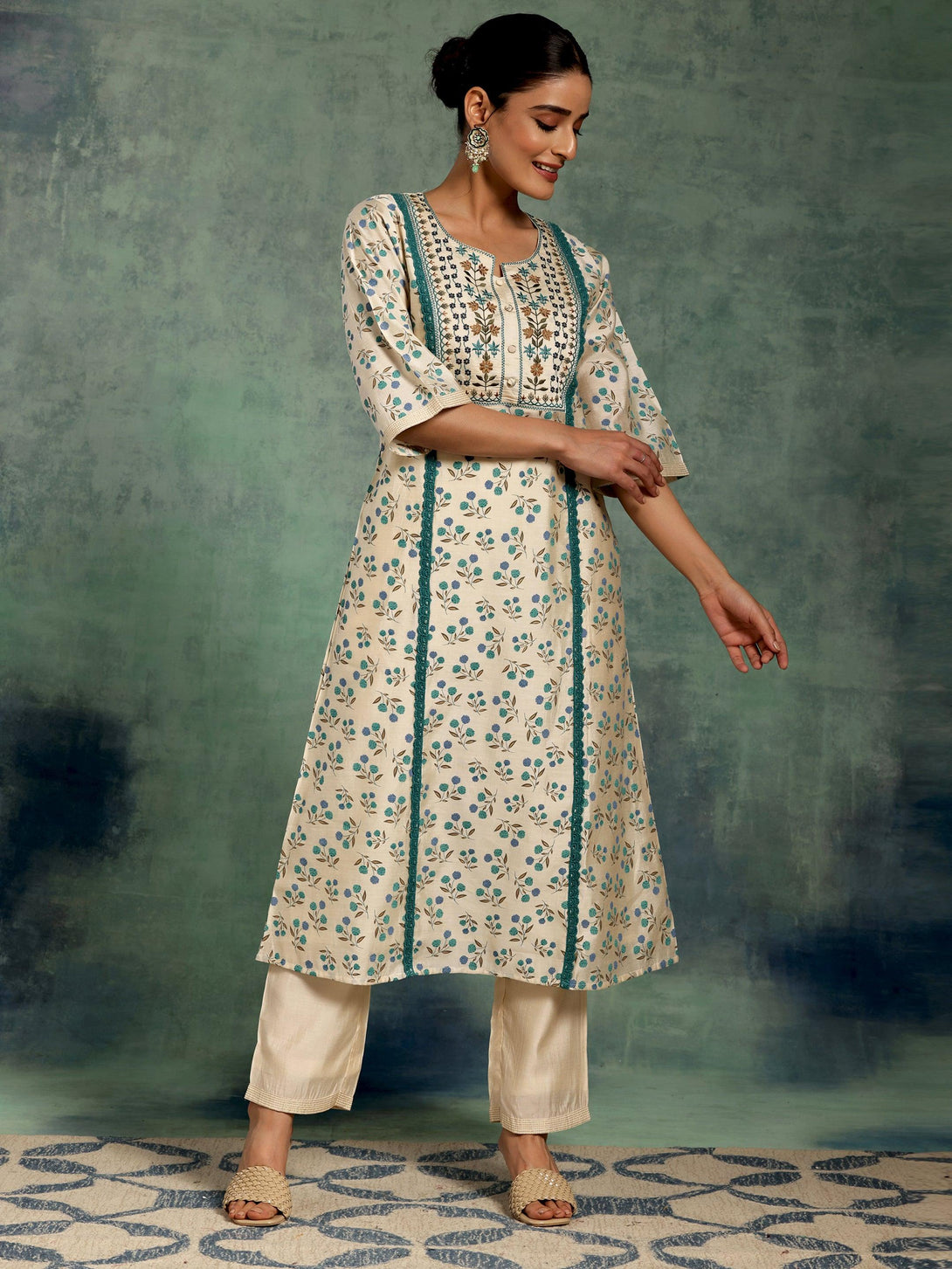 Beige Printed Chanderi Silk A-Line Kurta With Palazzos - Jashvi