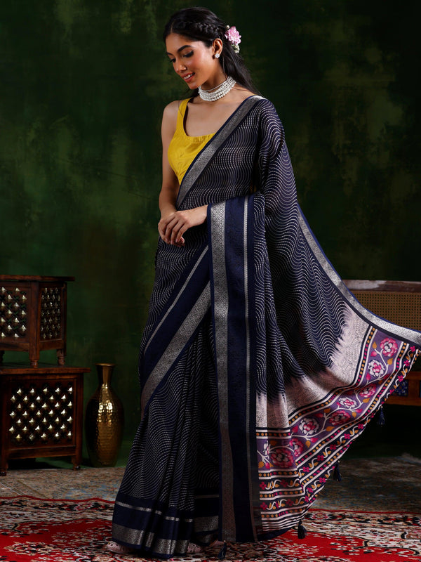 Blue Printed Silk Blend Saree With Unstitched Blouse Piece