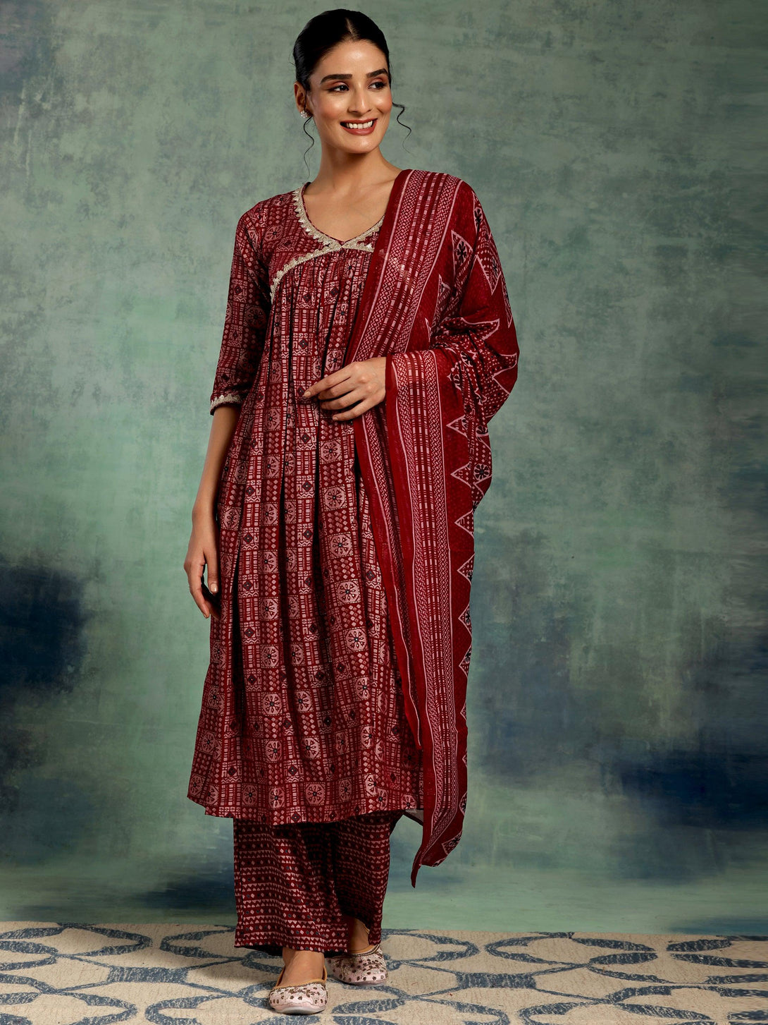 Maroon Printed Silk Blend A-Line Kurta With Palazzos & Dupatta - Jashvi