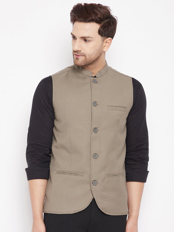 Men's Beige Color Woven Nehru Jacket - Even Apparels