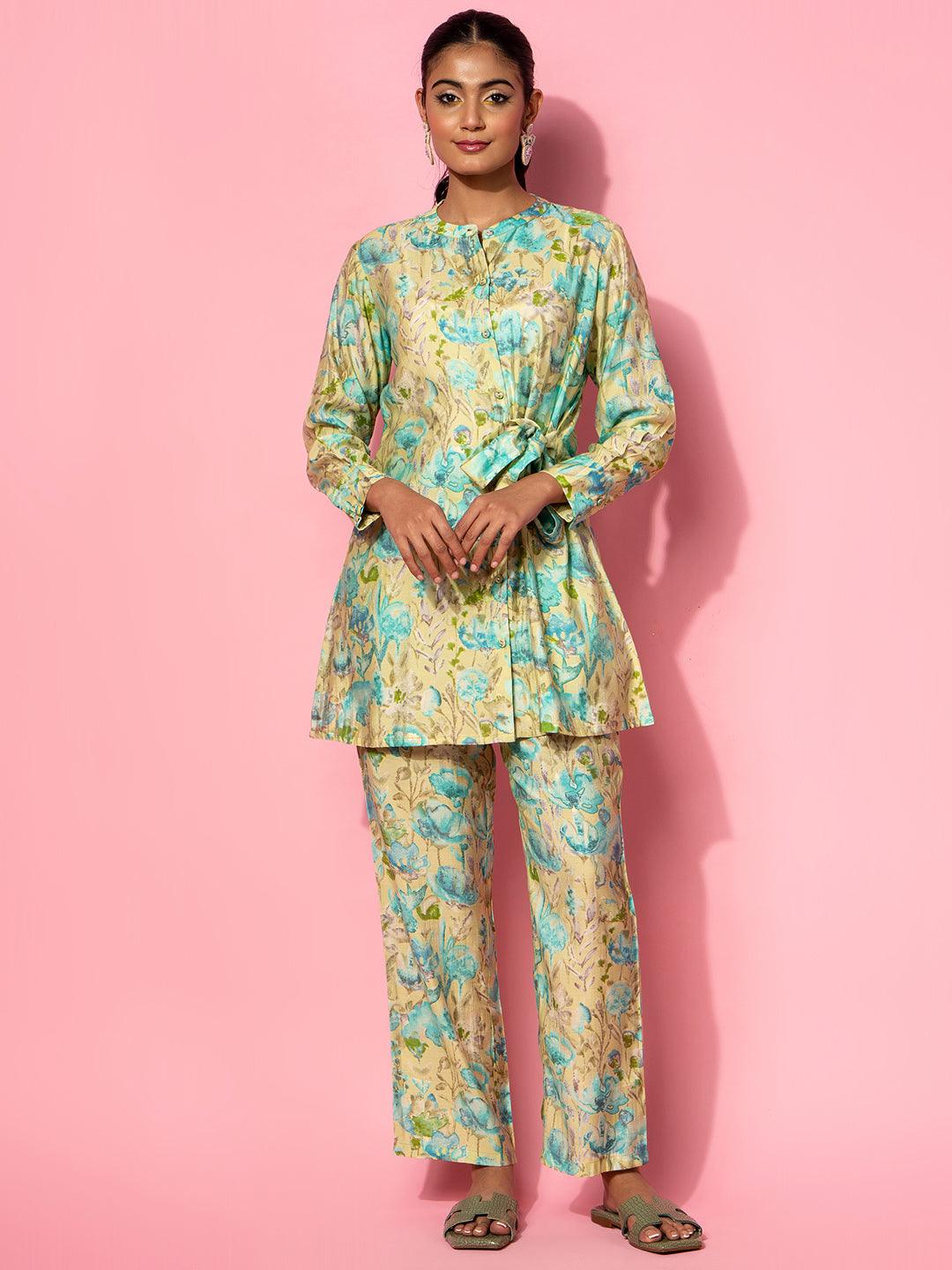 Green Printed Silk Blend Co-Ords - Jashvi