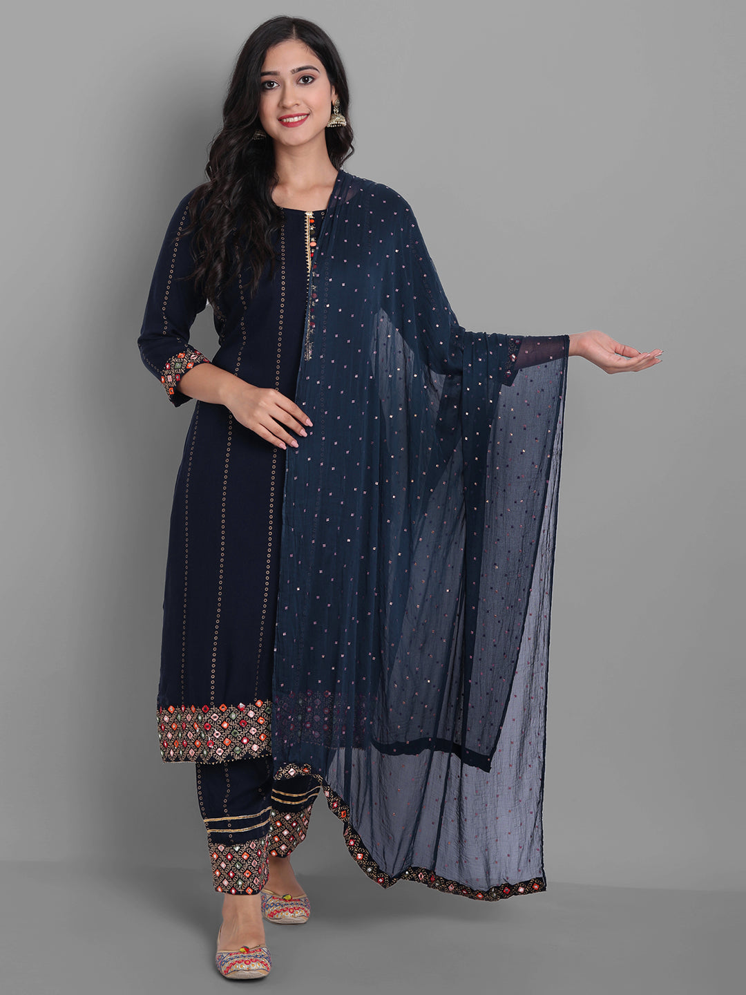 Women's Navy Rayon Kurta Pant And Dupatta Set - Noz2Toz