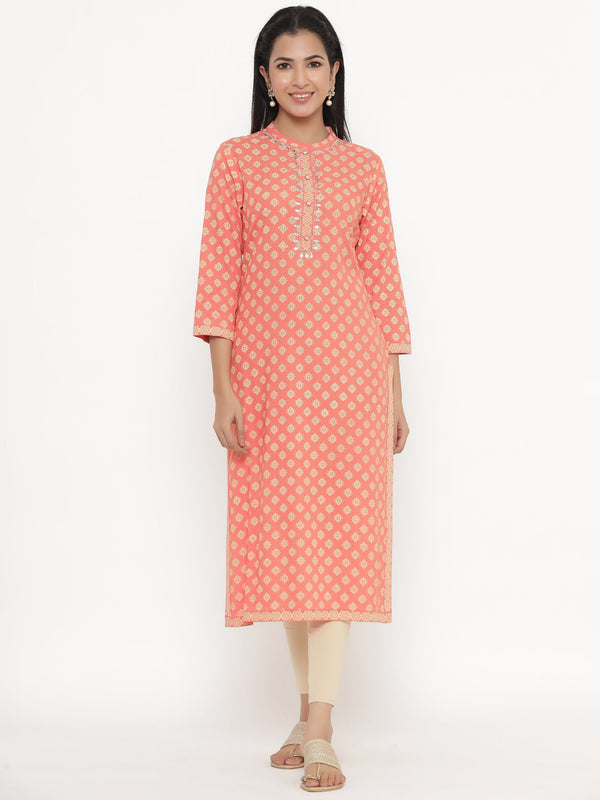 Women's Self Desgin Rayon Fabric Straight Kurta Peach Color - Kipek