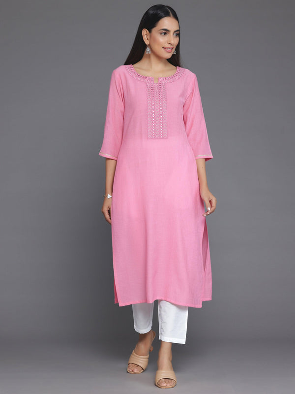 Pink Yoke Design Cotton Straight Kurta