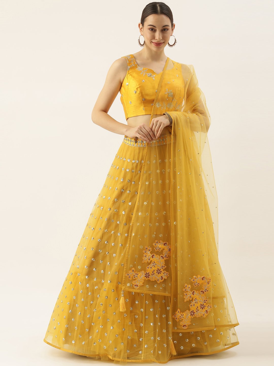 Women's Yellow Net Fully Stitched Lehenga & Blouse With Dupatta - Royal Dwells