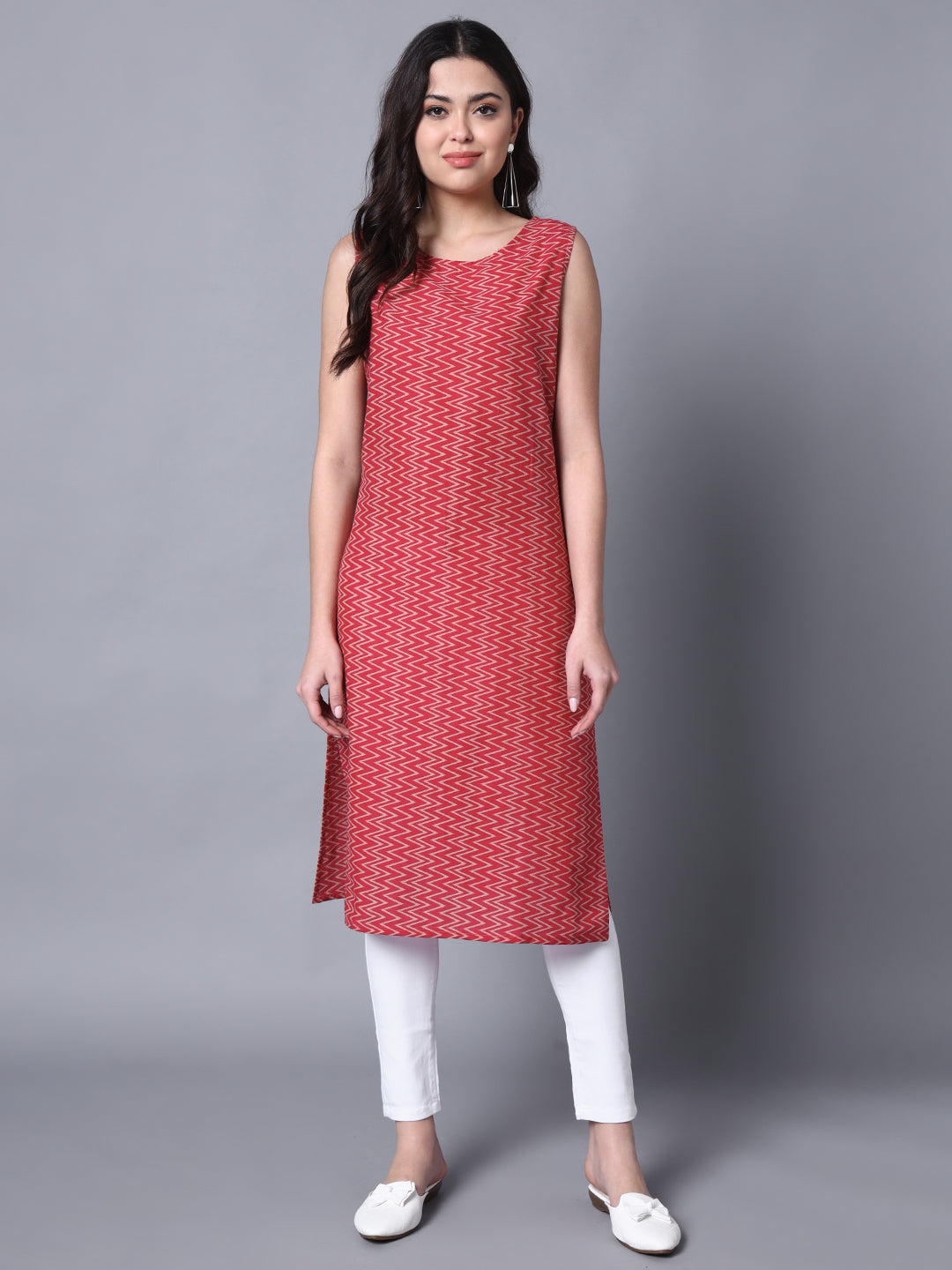 Women's Maroon Stripes Straight Sleeveless Kurta  - Deckedup