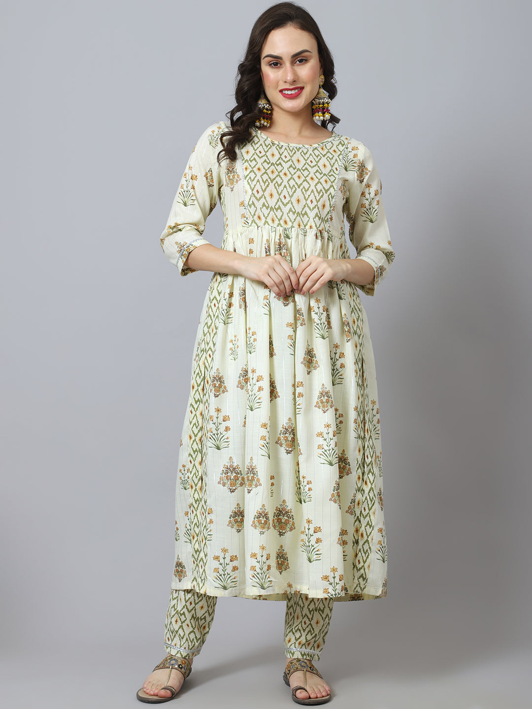 Women's Lemon And Brown Floral Print Kurta Set - Noz2Toz