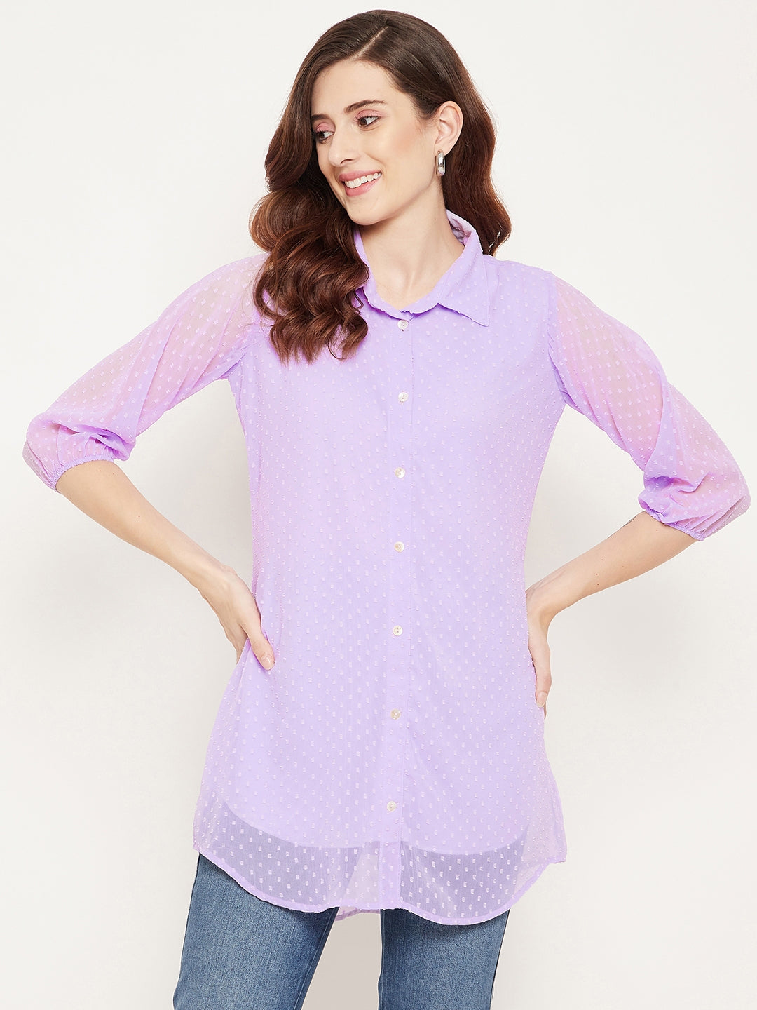 Women's Mauve Solid Shirt Collar Dobby Tunic - Bitterlime