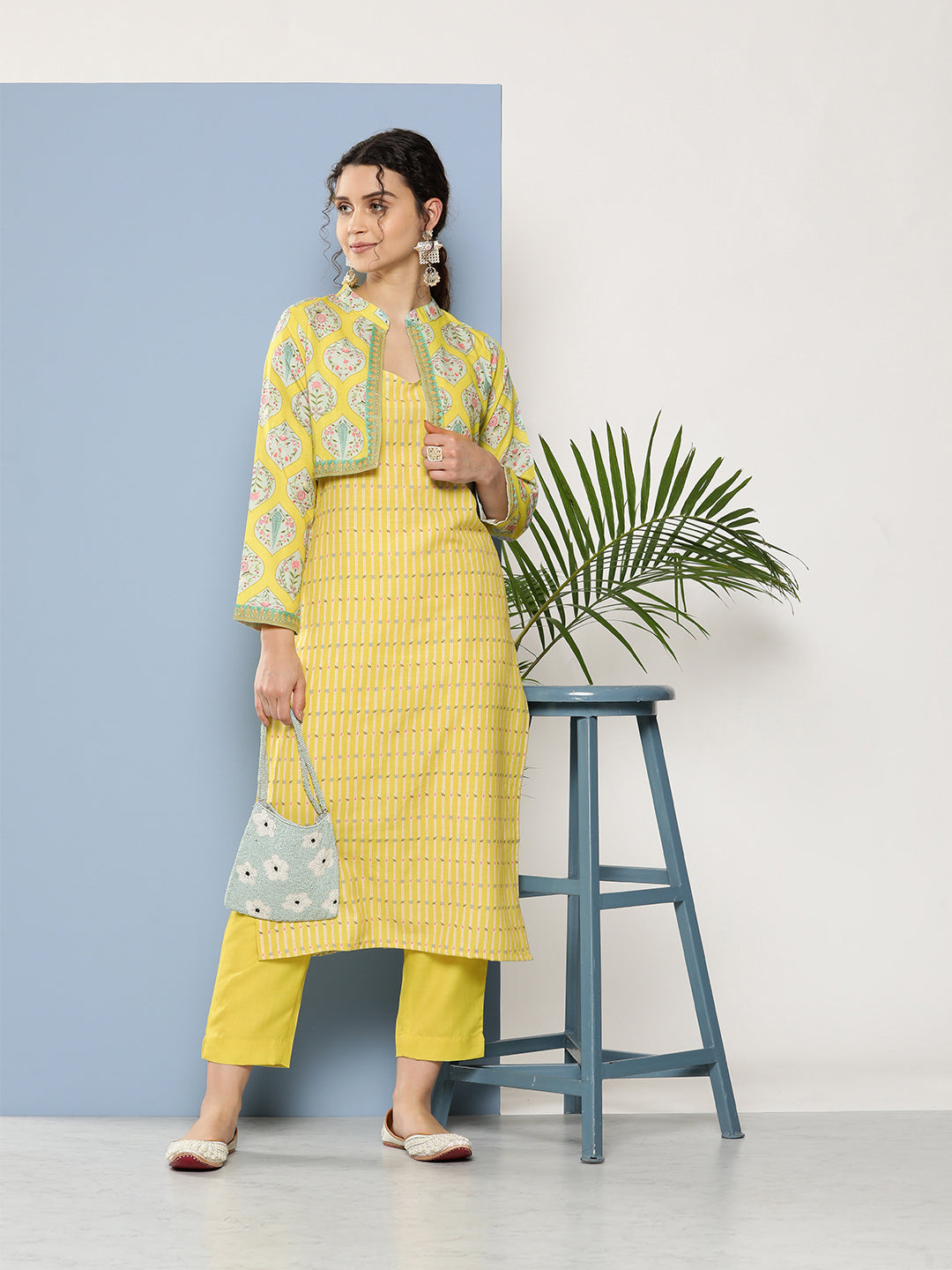 Women's Yellow Cotton Blend Kurta Trousers Set - Ahalyaa