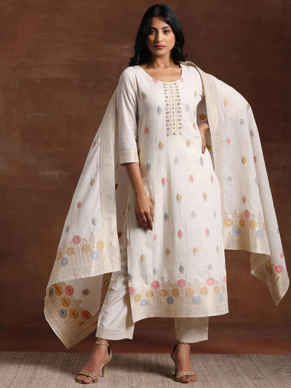 Off White Woven Design Cotton Straight Suit With Dupatta - Jashvi