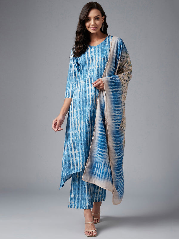 Women's Blue And Beige Shibori Printed A-Line Kurta Palazzo Dupatta Set - Azira