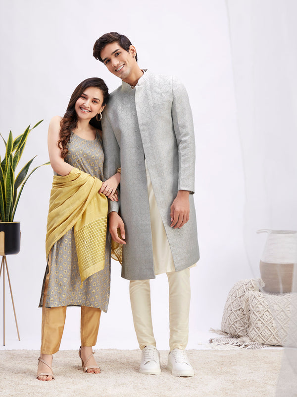 MEN WOMEN 36 - 42 Grey and Cream Cotton Blend Men's:Sherwani Set  Women's:Kurta Set