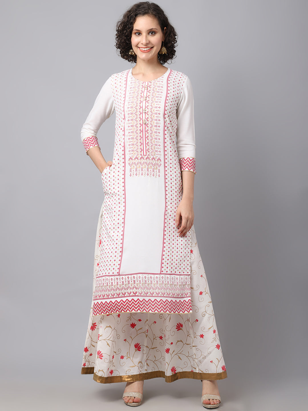 Women's Women Off White Geometric Embroidered Thread Work Kurta And Printed Skirt - Noz2Toz