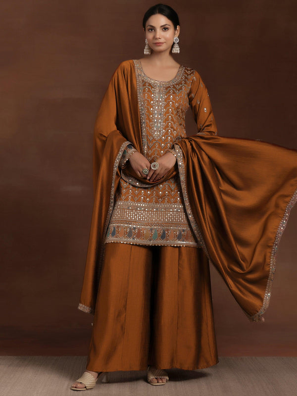 Rust Embroidered Silk Blend Straight Kurta With Palazzos & Dupatta - Jashvi