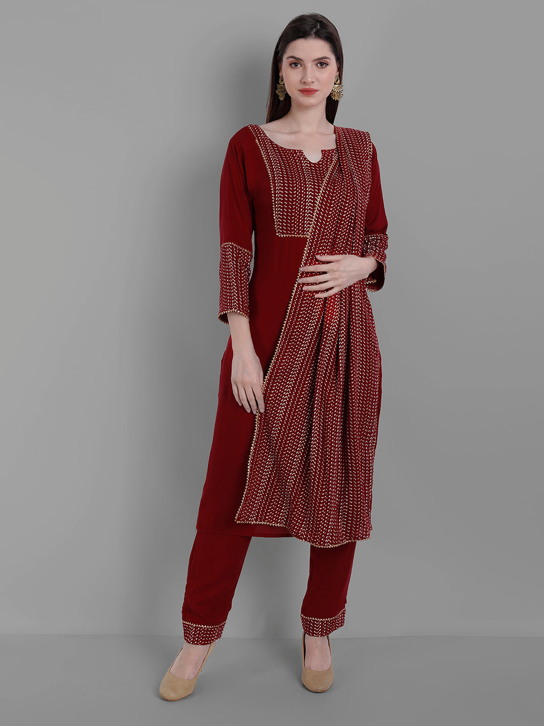 Women's Burgundy Rayon Kurta Pant And Dupatta Set - Noz2Toz