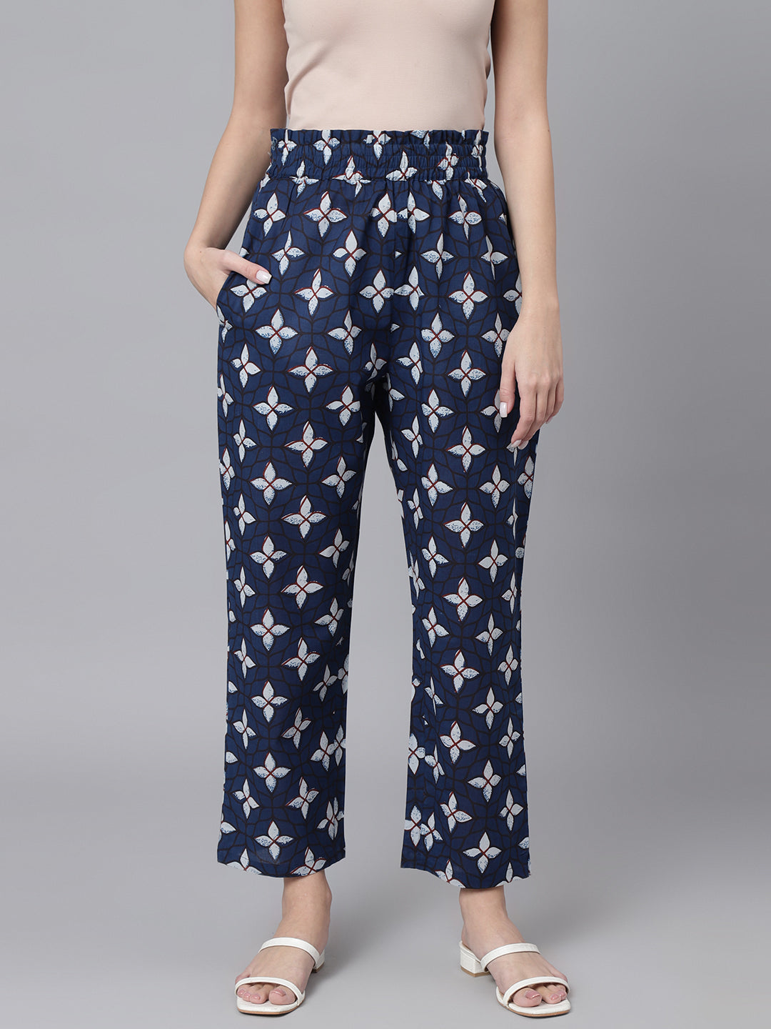 Women's Blue White Flower Print Cotton Relaxed Fit Casual Trouser - DECKEDUP