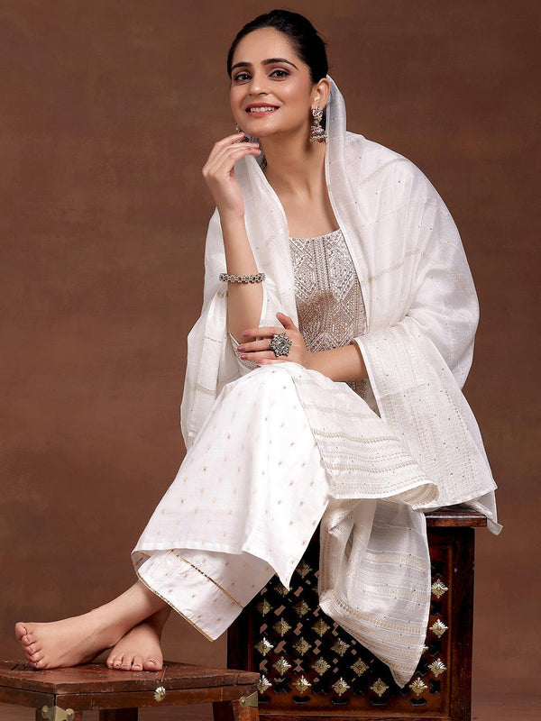 White Yoke Design Silk Blend Straight Suit With Dupatta