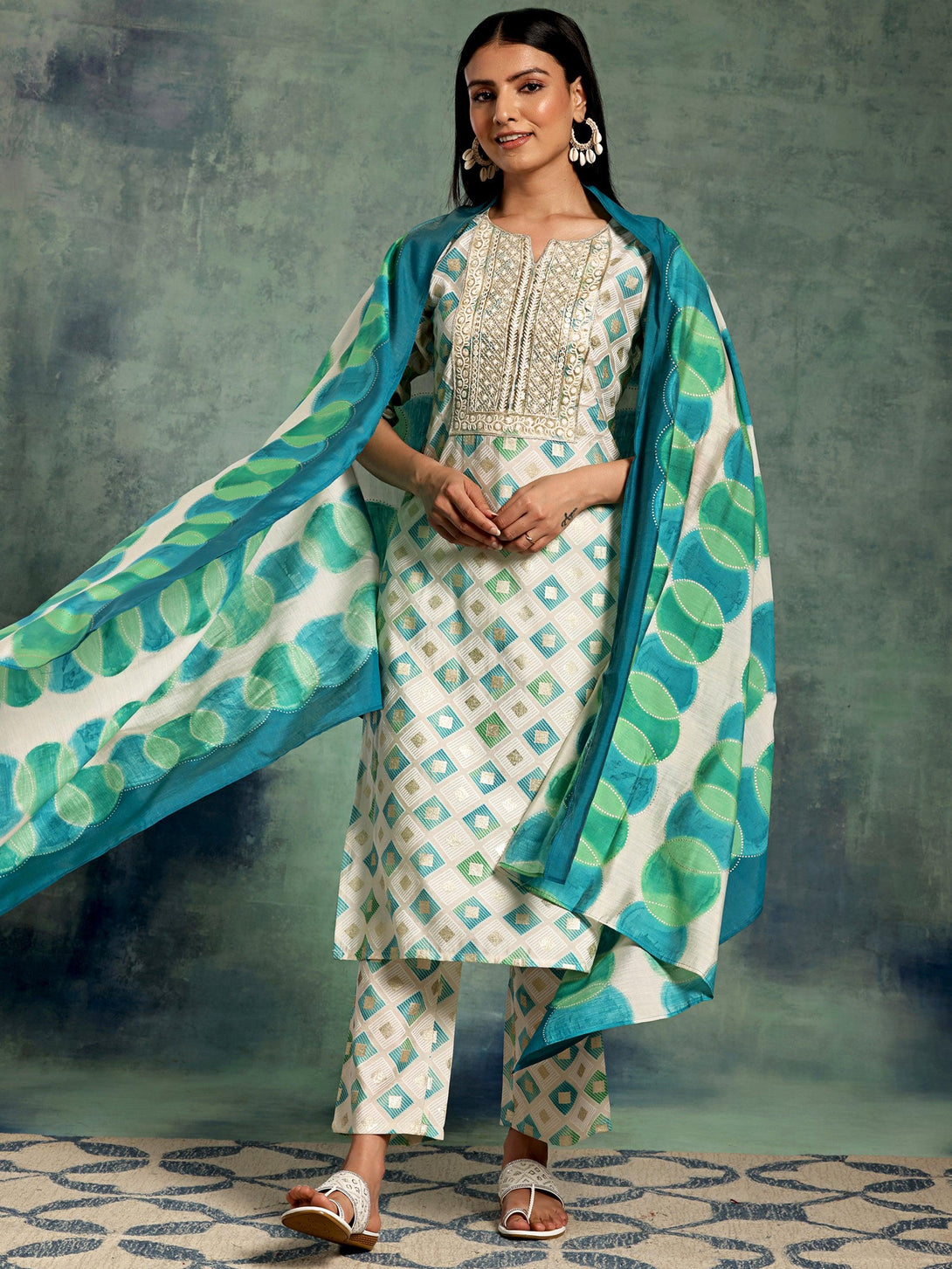 Off White Printed Silk Blend Straight Suit With Dupatta - Jashvi